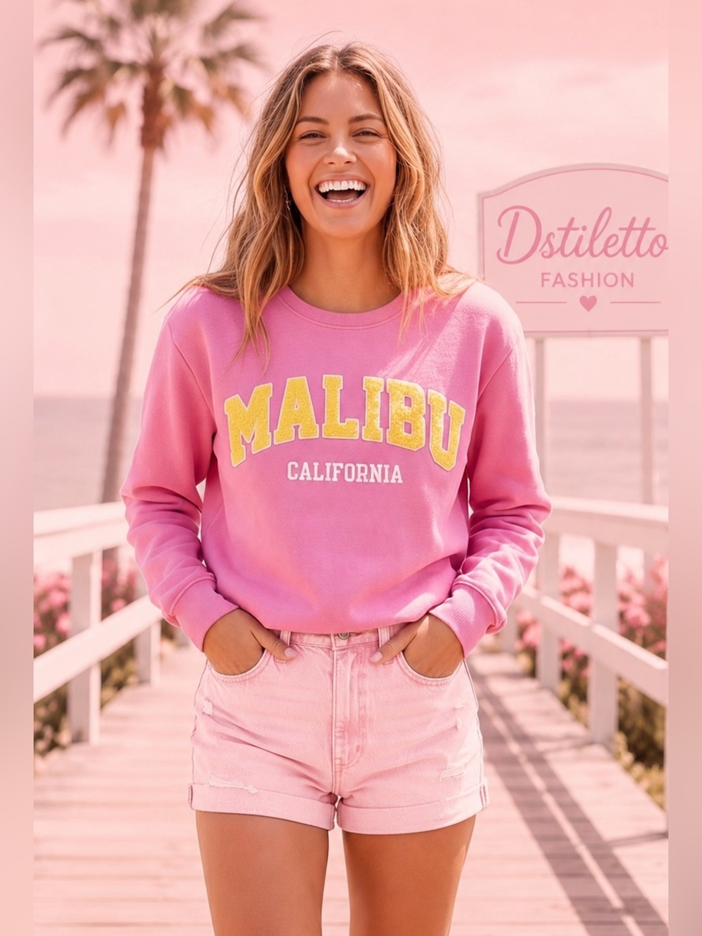 SOCIAL SCENE Malibu California Pink Crewneck Pullover Sweatshirt size medium